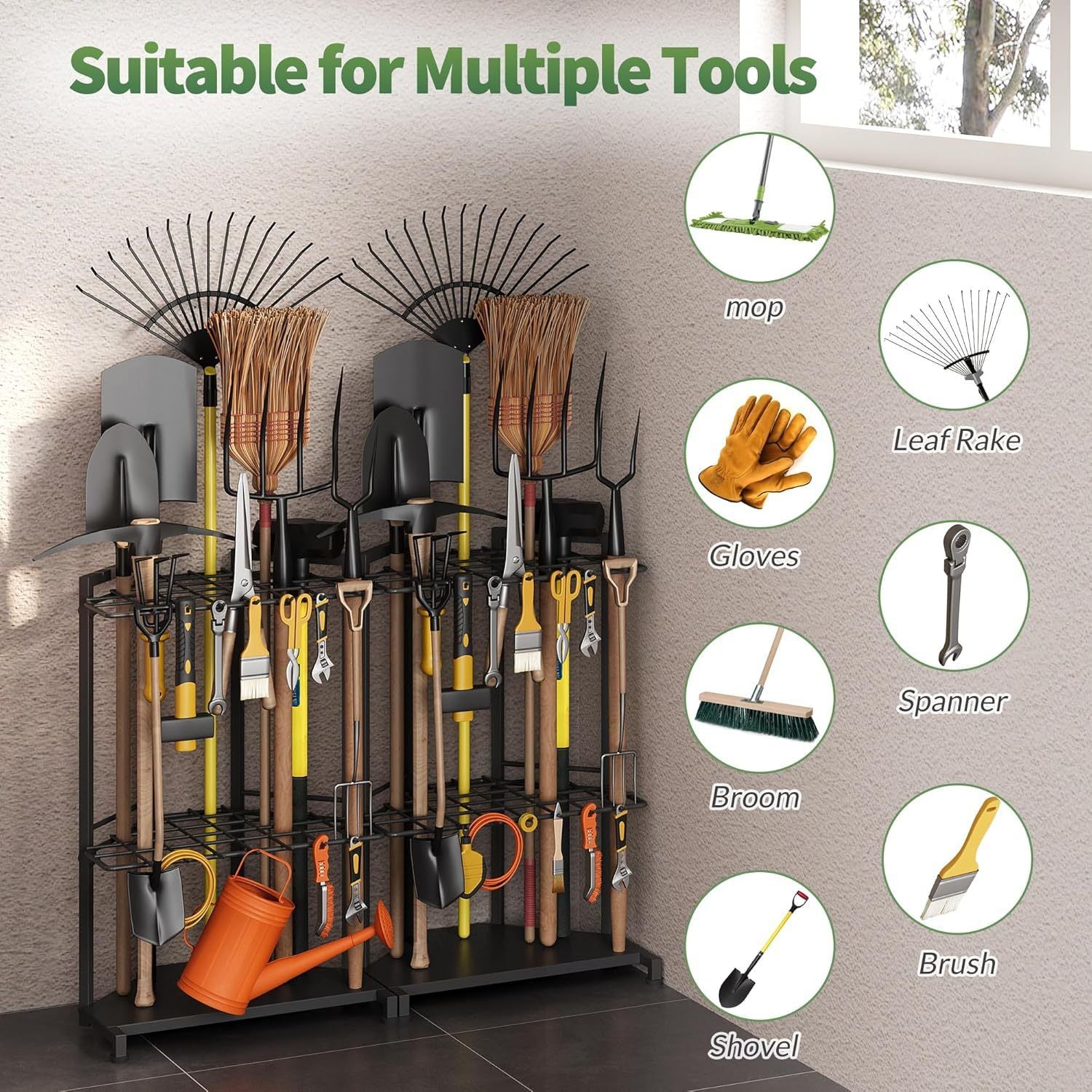 Mutifunctional Garden Tool Rack for Corner with Space Saving Triangular Design & Dual-Layer Grid Shelving – Heavy Duty Metal Storage Stand for Garages Balconies and Patios (28 x 16.7 x 13")