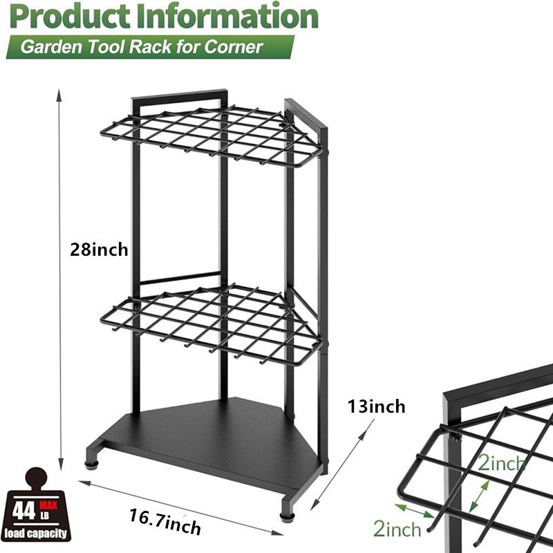 Mutifunctional Garden Tool Rack for Corner with Space Saving Triangular Design & Dual-Layer Grid Shelving – Heavy Duty Metal Storage Stand for Garages Balconies and Patios (28 x 16.7 x 13")