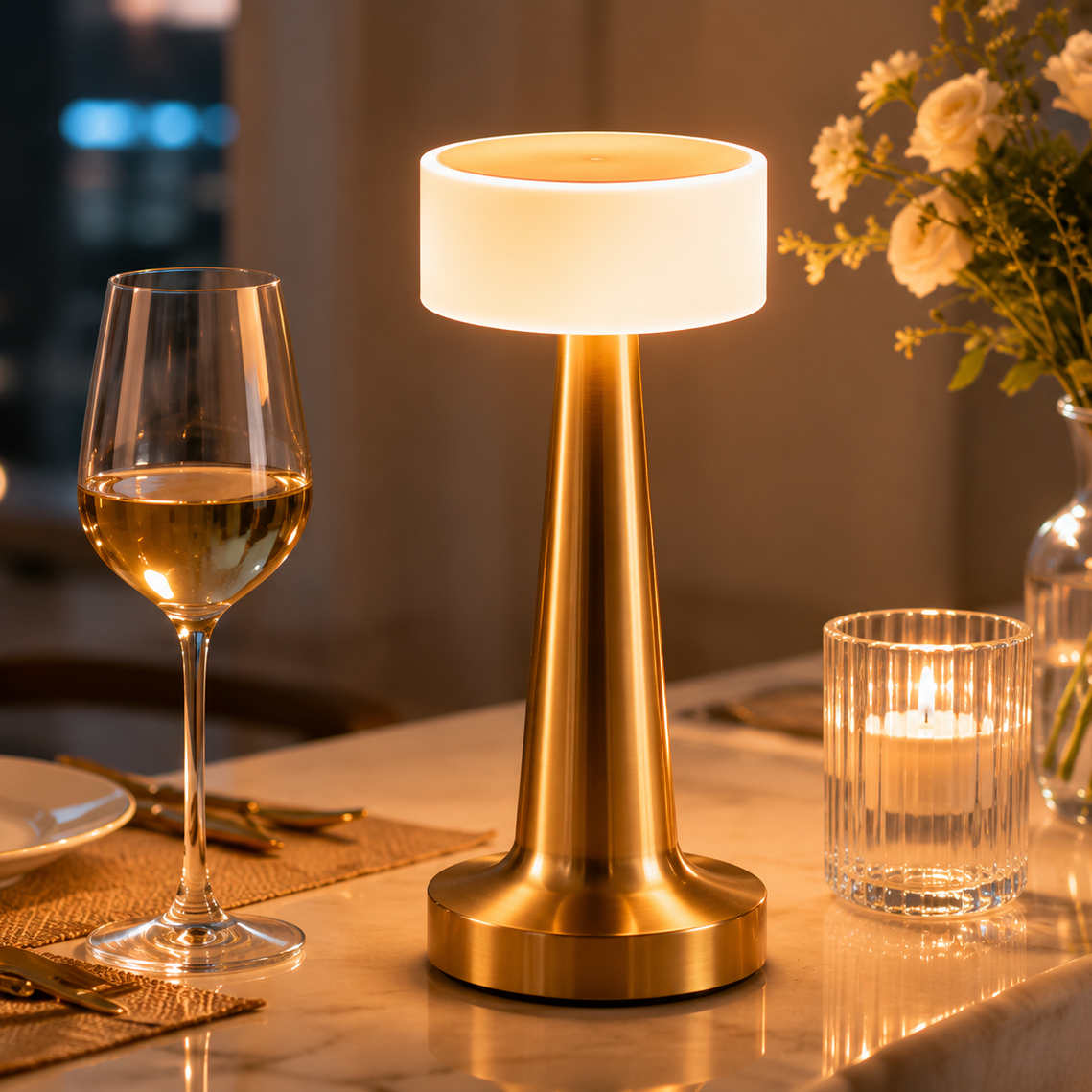 Gold Rechargeable Acrylic Shade UFO Table Lamp Touch Control LED Bedside Night Light, Cordless Ambient Desk Lamp for Bedroom Living Room Camping Main image
