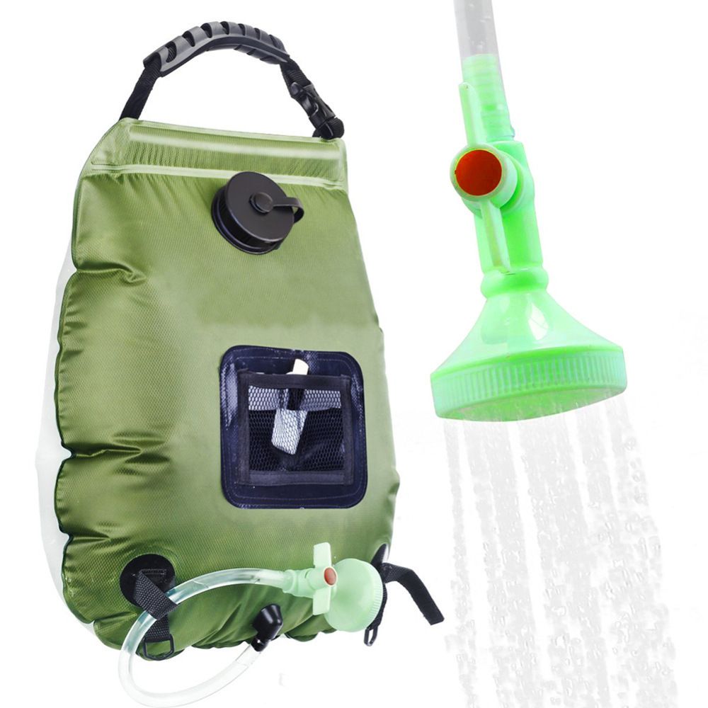 20L / 5 Gallon Solar Heated Camping Shower Bag (Dark Green / Mesh Storage Pocket) - Foldable Outdoor Hanging Shower with Thermometer, Rotating Shower Head and Hose Clip for Hiking and Travel