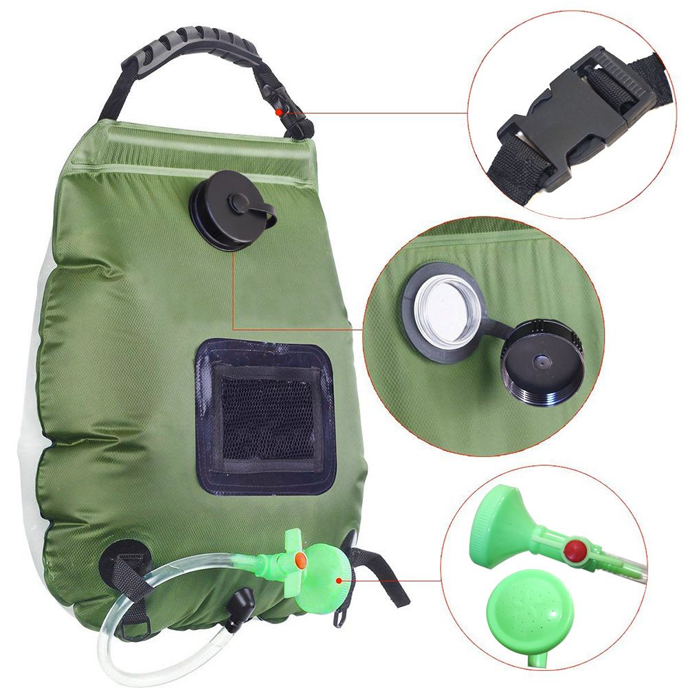 20L / 5 Gallon Solar Heated Camping Shower Bag (Dark Green / Mesh Storage Pocket) - Foldable Outdoor Hanging Shower with Thermometer, Rotating Shower Head and Hose Clip for Hiking and Travel