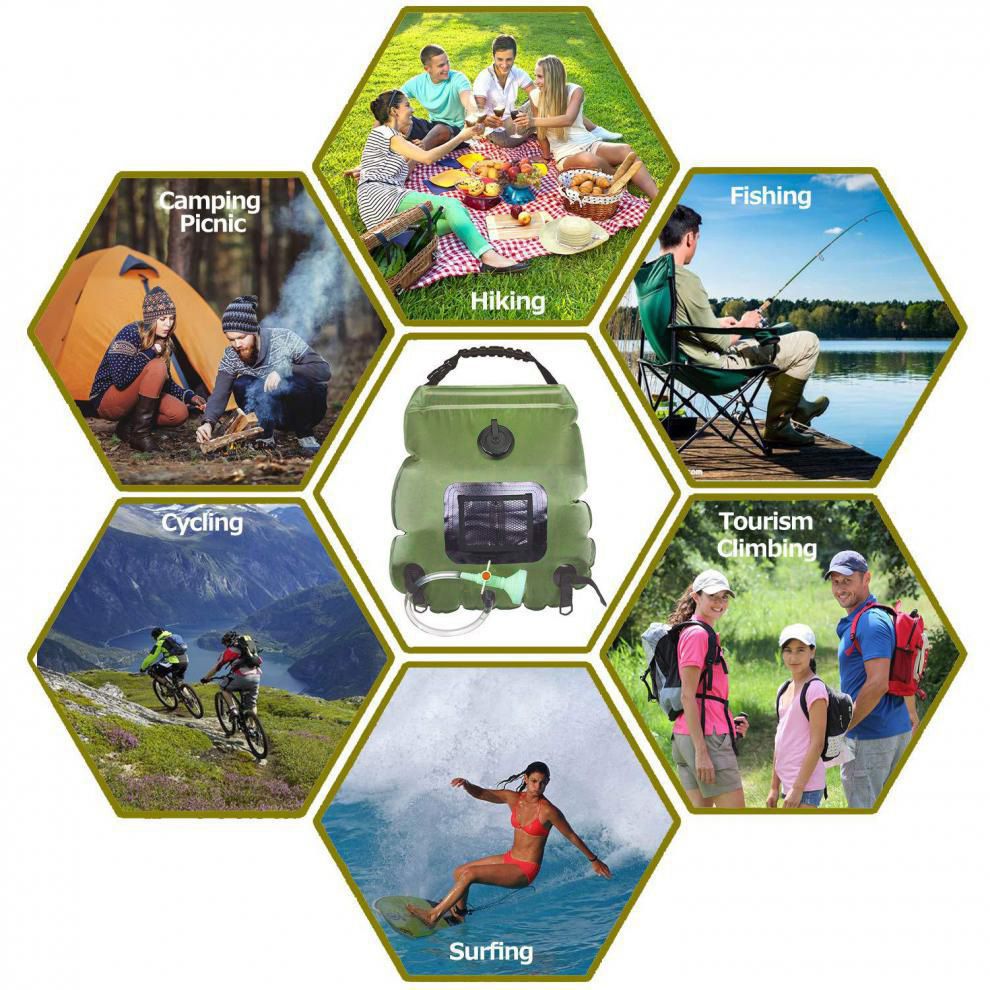 20L / 5 Gallon Solar Heated Camping Shower Bag (Dark Green / Mesh Storage Pocket) - Foldable Outdoor Hanging Shower with Thermometer, Rotating Shower Head and Hose Clip for Hiking and Travel