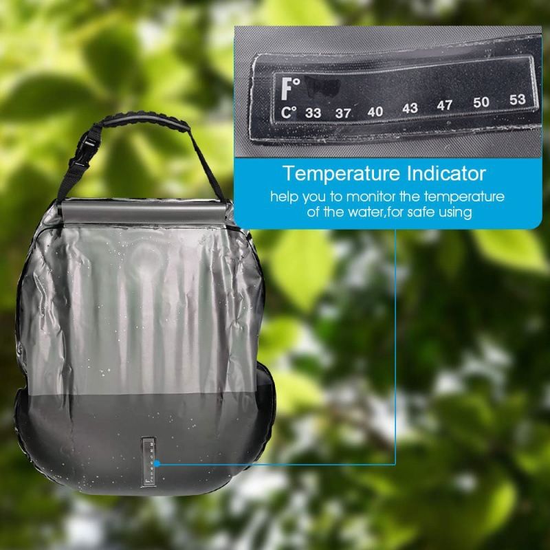 20L / 5 Gallon Solar Heated Camping Shower Bag (Black / Mesh Storage Pocket) - Foldable Outdoor Hanging Shower with Thermometer, Rotating Shower Head and Hose Clip for Hiking and Travel