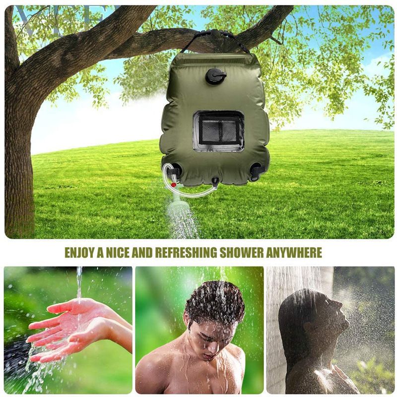 20L / 5 Gallon Solar Heated Camping Shower Bag (Black / Mesh Storage Pocket) - Foldable Outdoor Hanging Shower with Thermometer, Rotating Shower Head and Hose Clip for Hiking and Travel