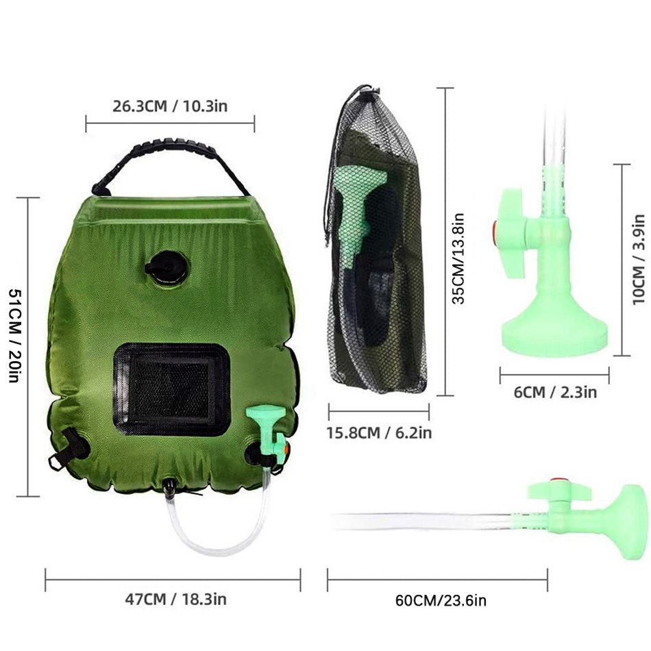20L / 5 Gallon Solar Heated Camping Shower Bag (Black / Mesh Storage Pocket) - Foldable Outdoor Hanging Shower with Thermometer, Rotating Shower Head and Hose Clip for Hiking and Travel