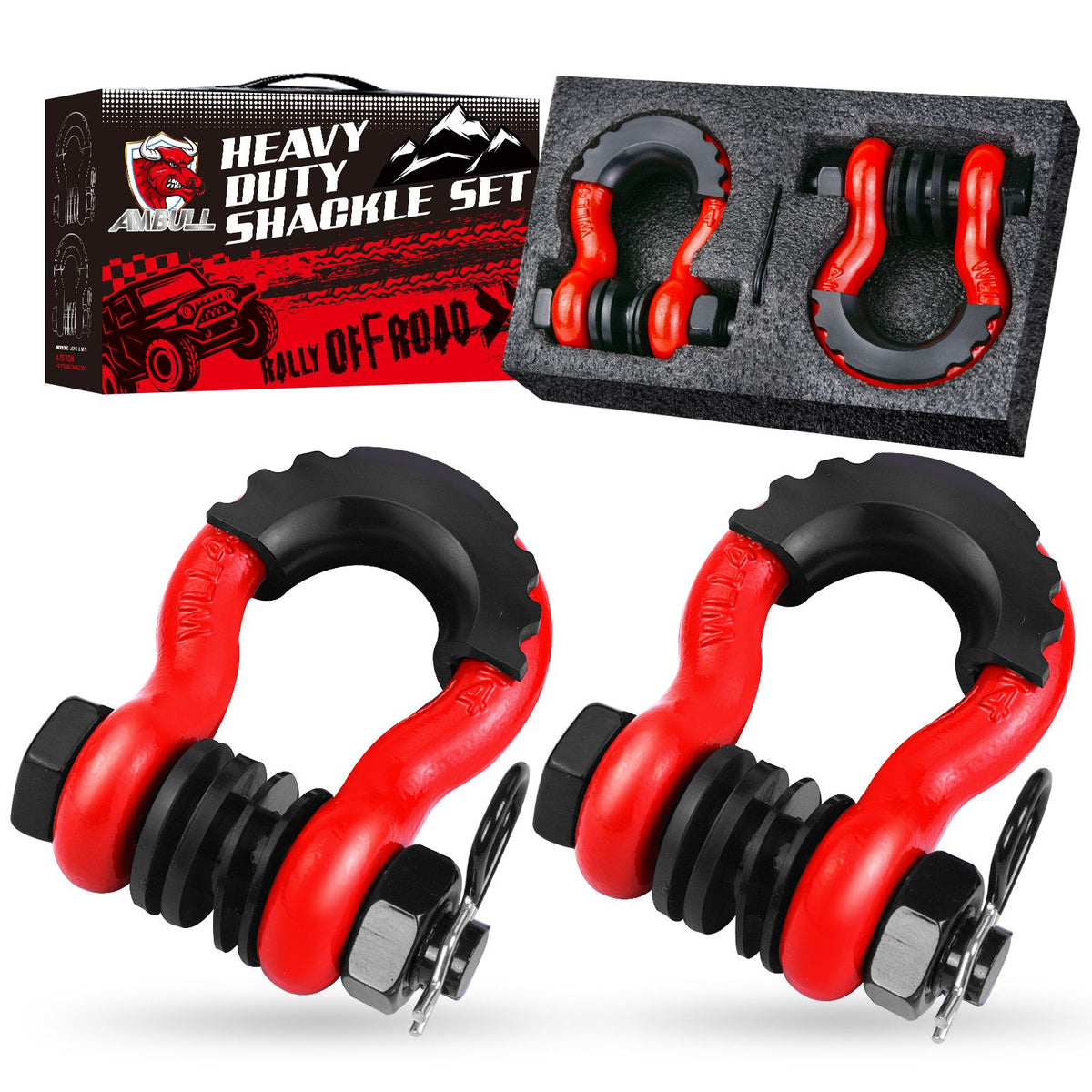 Gift Box Set of Red 3/4" D-Ring Tow Shackle (2 Pack) - Carbon Steel Bow Shackle with Nut & Cotter Pin, 20T Break Strength for Off-Road Recovery Trailer Main image