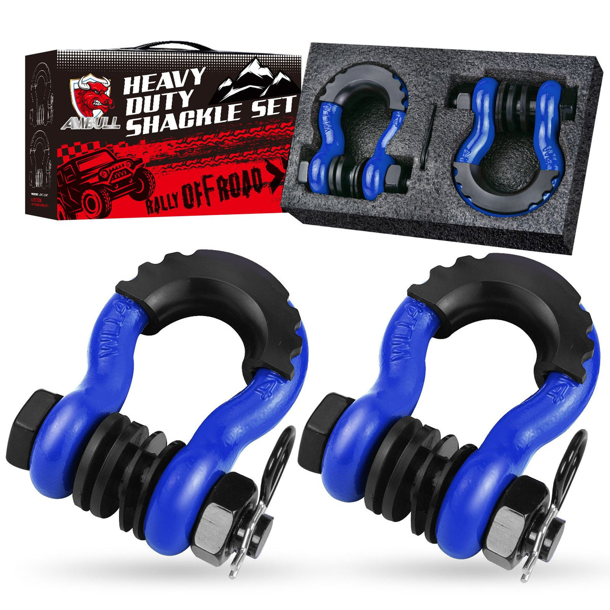 Gift Box Set of Blue 3/4" D-Ring Tow Shackle (2 Pack) - Carbon Steel Bow Shackle with Nut & Cotter Pin, 20T Break Strength for Off-Road Recovery Trailer