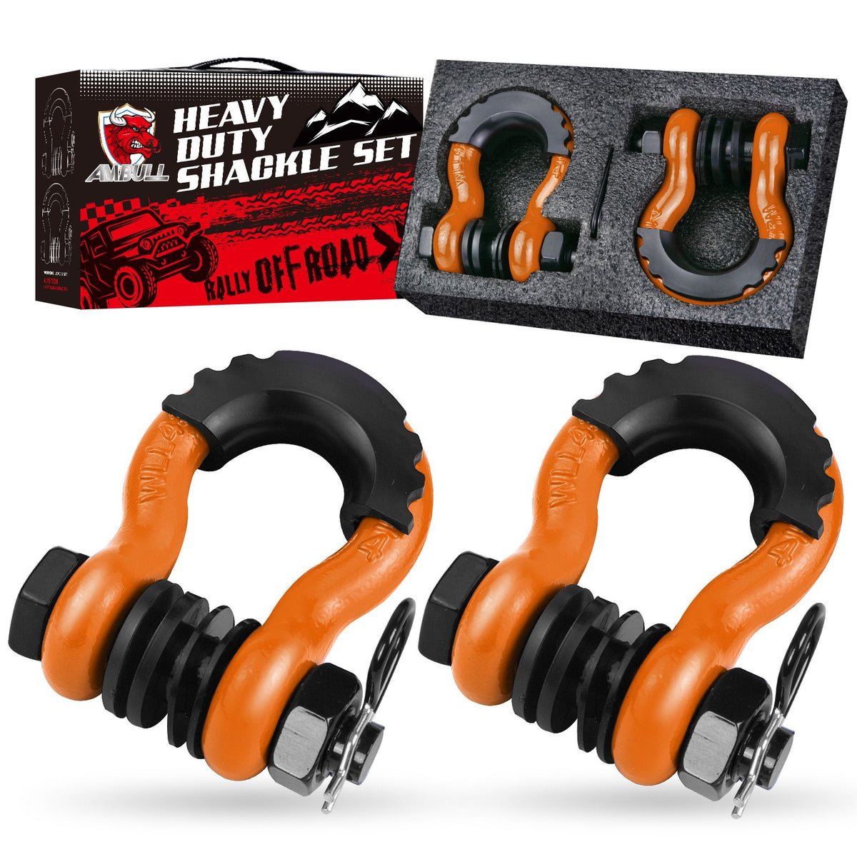 Gift Box Set of Orange 3/4" D-Ring Tow Shackle (2 Pack) - Carbon Steel Bow Shackle with Nut & Cotter Pin, 20T Break Strength for Off-Road Recovery Trailer Main image