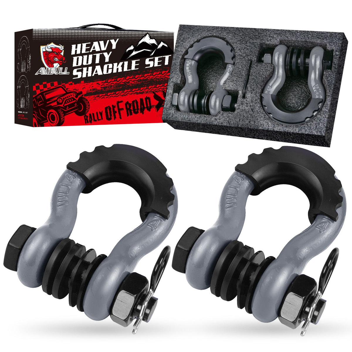 Gift Box Set of Grey 3/4" D-Ring Tow Shackle (2 Pack) - Carbon Steel Bow Shackle with Nut & Cotter Pin, 20T Break Strength for Off-Road Recovery Trailer Main image