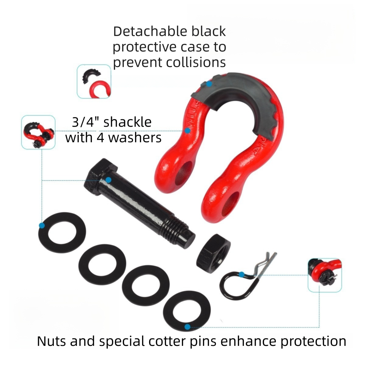 Gift Box Set of Grey 3/4" D-Ring Tow Shackle (2 Pack) - Carbon Steel Bow Shackle with Nut & Cotter Pin, 20T Break Strength for Off-Road Recovery Trailer