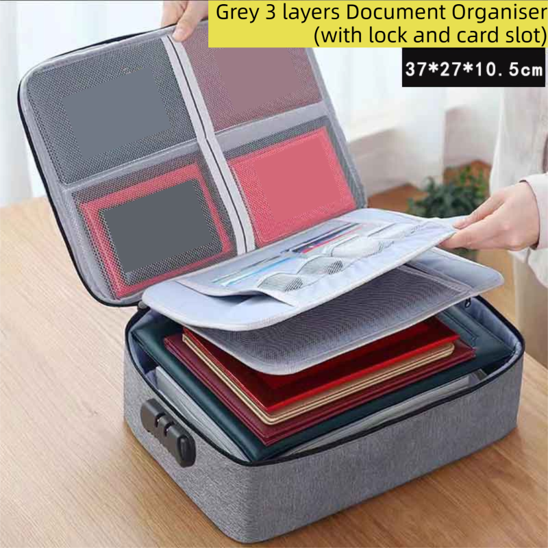 Grey 3-Layer Large Capacity Document Organiser Bag with 3-Digit Combination Lock, Waterproof Oxford Fabric File Storage Case for Passports Cards Certificates USB Drives (37 × 28 × 10 cm) Main image