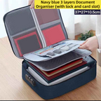 Navy Blue 3-Layer Large Capacity Document Organiser Bag with 3-Digit Combination Lock, Waterproof Oxford Fabric File Storage Case for Passports Cards Certificates USB Drives (37 × 28 × 10 cm)