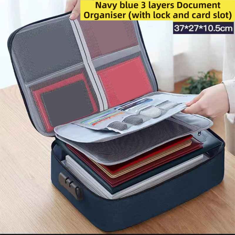 Navy Blue 3-Layer Large Capacity Document Organiser Bag with 3-Digit Combination Lock, Waterproof Oxford Fabric File Storage Case for Passports Cards Certificates USB Drives (37 × 28 × 10 cm)