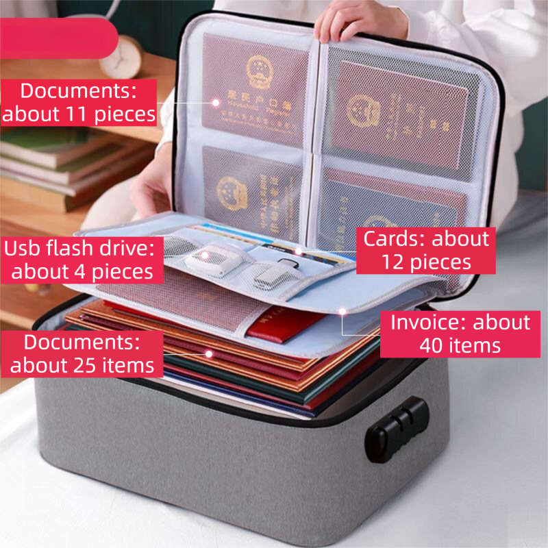 Navy Blue 3-Layer Large Capacity Document Organiser Bag with 3-Digit Combination Lock, Waterproof Oxford Fabric File Storage Case for Passports Cards Certificates USB Drives (37 × 28 × 10 cm)