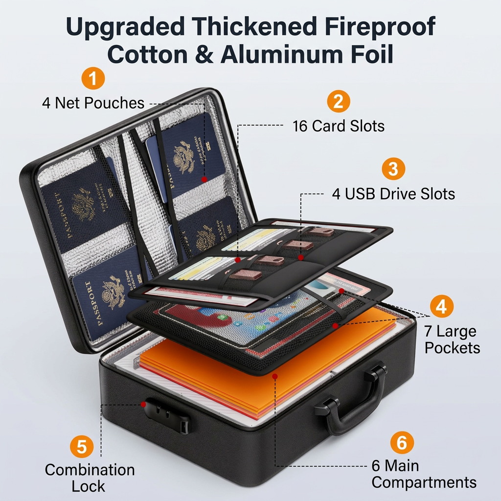 Waterproof & Fireproof Document Bag with Combination Lock (15 × 11 × 4.1 in) - 8 Layers Silicone Fiberglass and Aluminium Foil Lining, Home Office Safe Storage Case for Passports Certificates Cash