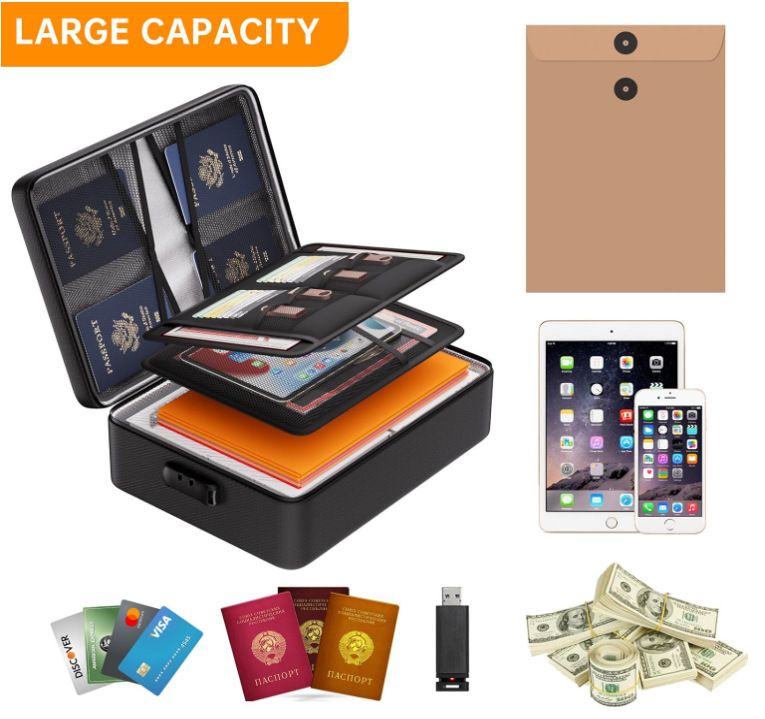 Waterproof & Fireproof Document Bag with Combination Lock (15 × 11 × 4.1 in) - 8 Layers Silicone Fiberglass and Aluminium Foil Lining, Home Office Safe Storage Case for Passports Certificates Cash
