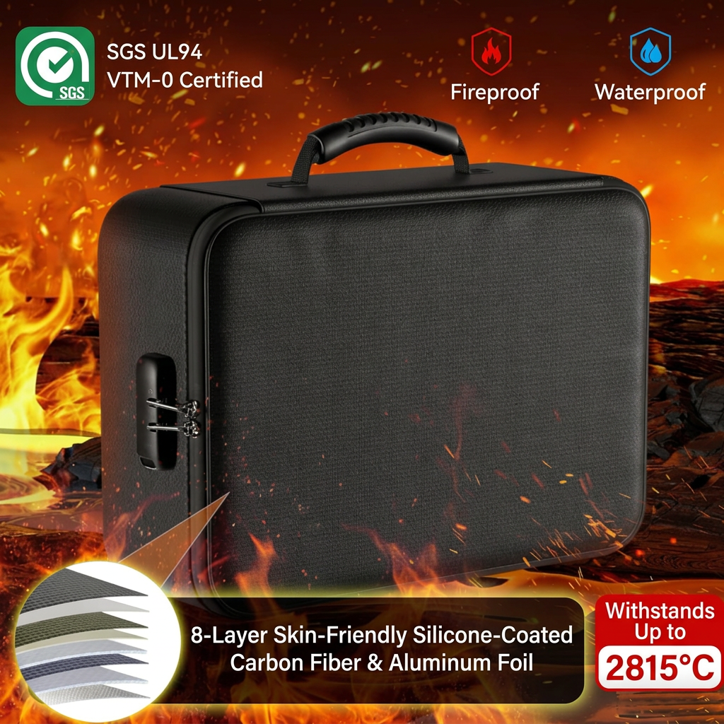 Waterproof & Fireproof Document Bag with Combination Lock (15 × 11 × 4.1 in) - 8 Layers Silicone Fiberglass and Aluminium Foil Lining, Home Office Safe Storage Case for Passports Certificates Cash