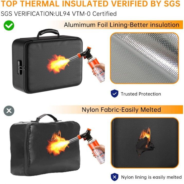 Waterproof & Fireproof Document Bag with Combination Lock (15 × 11 × 4.1 in) - 8 Layers Silicone Fiberglass and Aluminium Foil Lining, Home Office Safe Storage Case for Passports Certificates Cash
