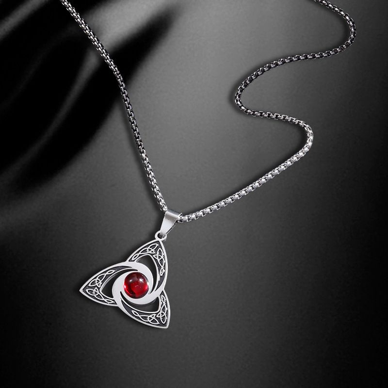 Silver Celtic Trinity Knot Pendant with Red Gemstone - Stainless Steel & Alloy Viking Triquetra Necklace for Men Women, 60cm Pearl Chain Main image