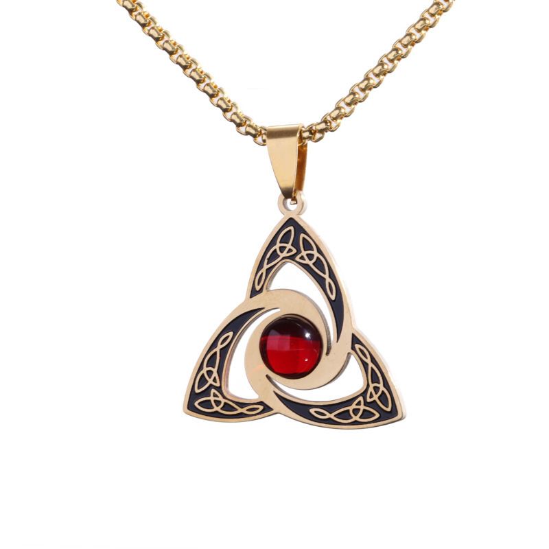 Gold Celtic Trinity Knot Pendant with Red Gemstone - Stainless Steel & Alloy Viking Triquetra Necklace for Men Women, 60cm Pearl Chain