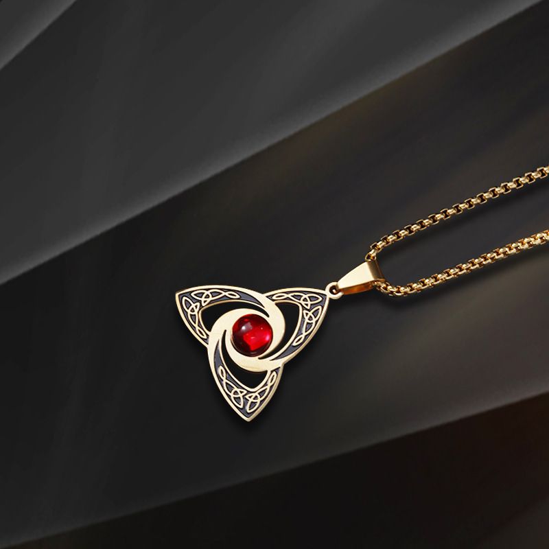 Gold Celtic Trinity Knot Pendant with Red Gemstone - Stainless Steel & Alloy Viking Triquetra Necklace for Men Women, 60cm Pearl Chain