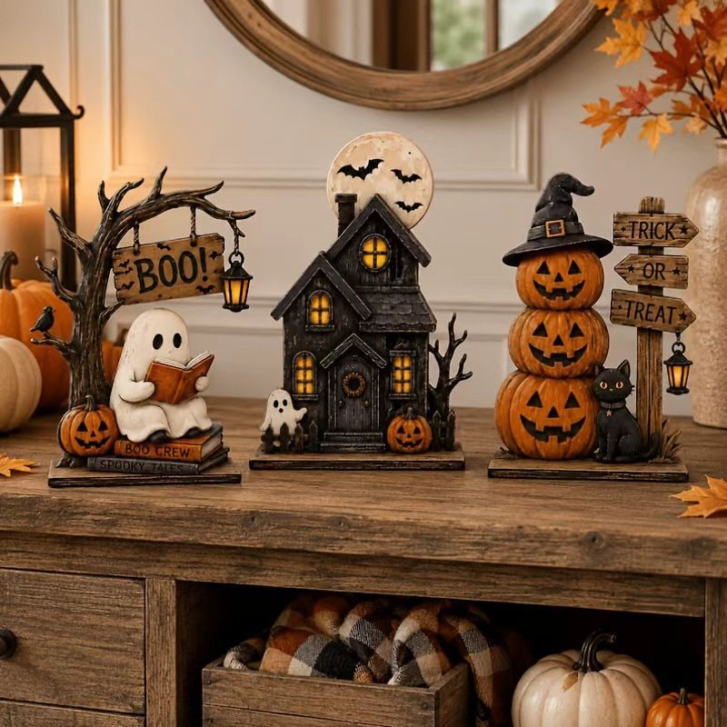 Halloween Table Decorations Set of 3 - Vintage Ghost Black Cat Pumpkin Tabletop Signs, Rustic Fall Harvest Centrepiece for Home Mantel Shelf Party Decor Main image