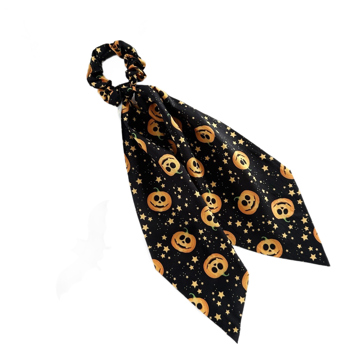 Black Halloween Hair Ties 3 Pack - Festive Pumpkin and Ghost Print Ribbon Scrunchies, Polyester Bow Hair Accessories for Costume Parties, Trick or Treat, and Spooky Event Styling