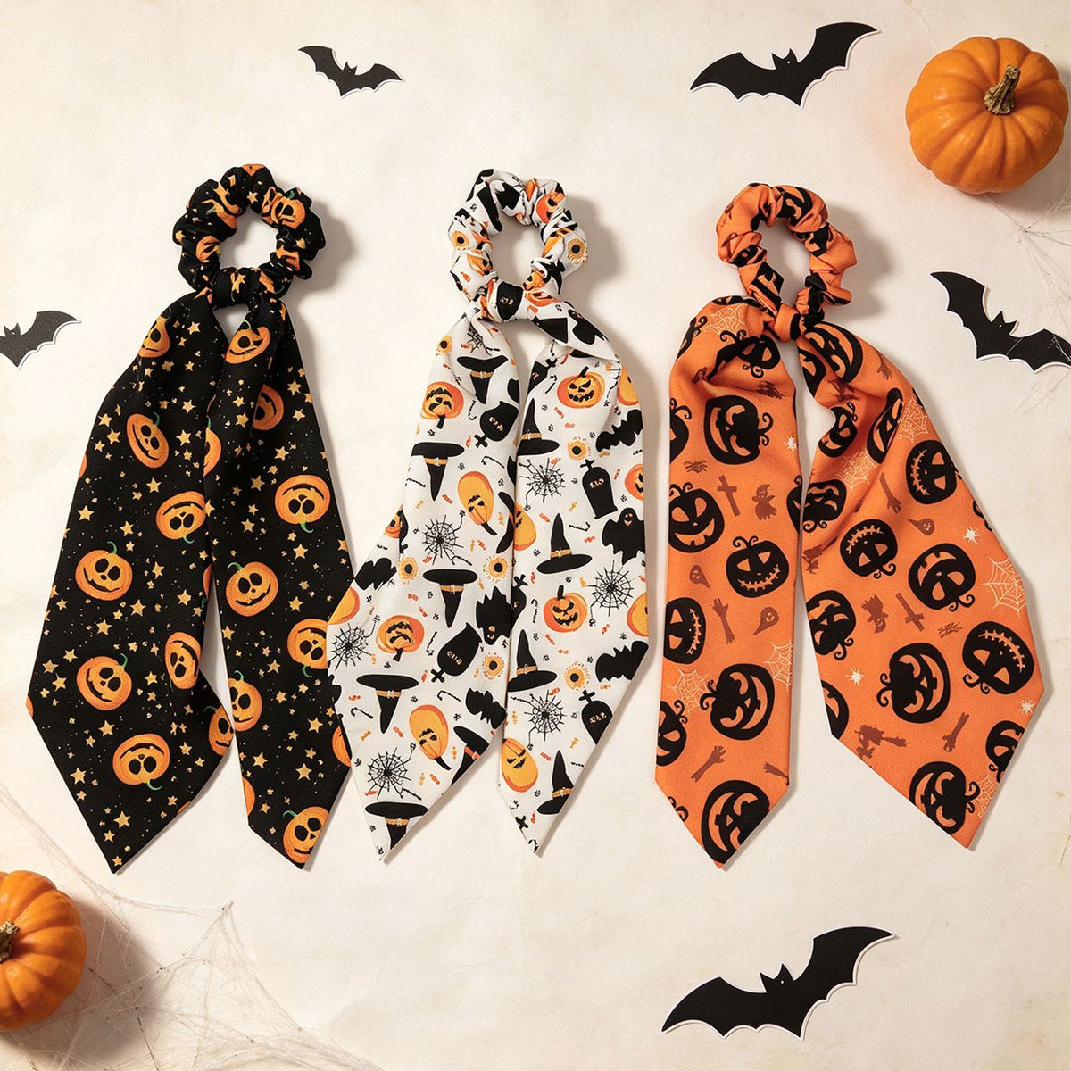 Black Halloween Hair Ties 3 Pack - Festive Pumpkin and Ghost Print Ribbon Scrunchies, Polyester Bow Hair Accessories for Costume Parties, Trick or Treat, and Spooky Event Styling