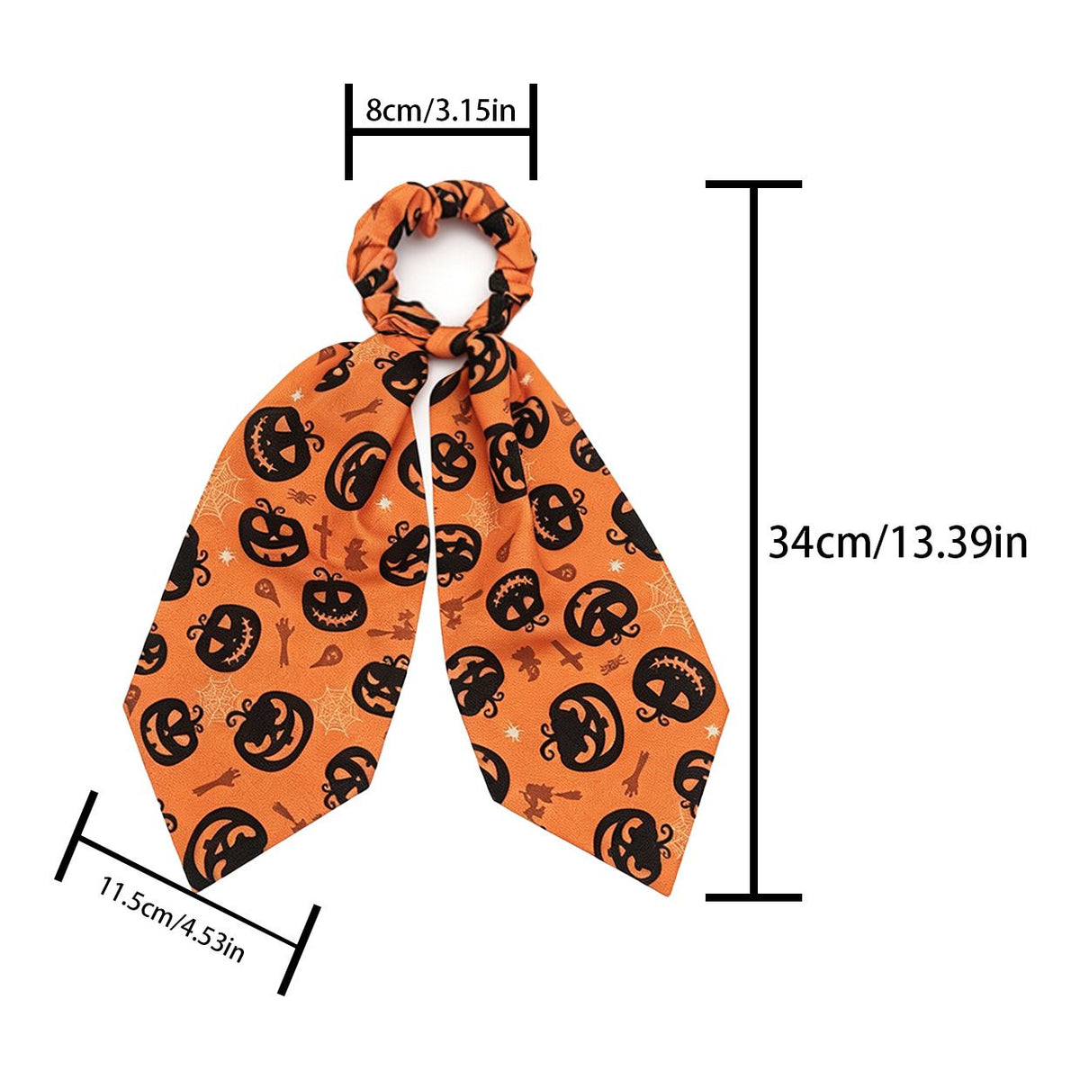Orange Halloween Hair Ties 3 Pack - Festive Pumpkin and Ghost Print Ribbon Scrunchies, Polyester Bow Hair Accessories for Costume Parties, Trick or Treat, and Spooky Event Styling