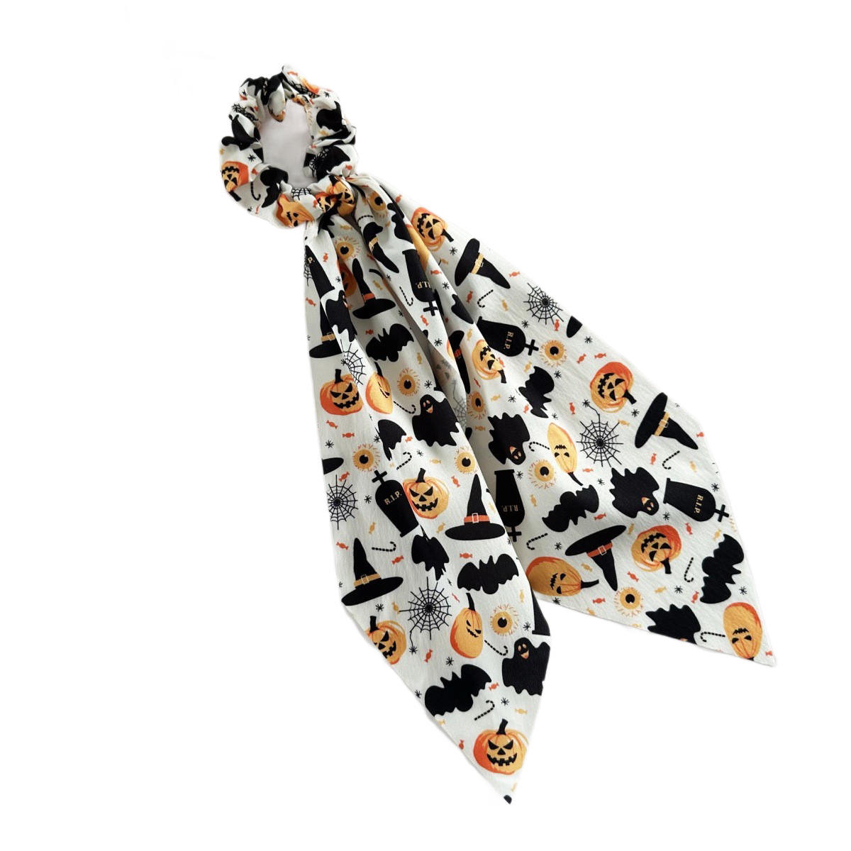 White Halloween Hair Ties 3 Pack - Festive Pumpkin and Ghost Print Ribbon Scrunchies, Polyester Bow Hair Accessories for Costume Parties, Trick or Treat, and Spooky Event Styling