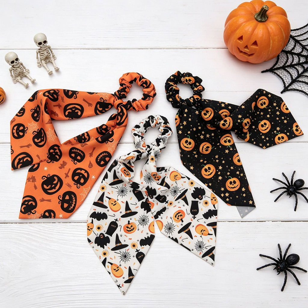 White Halloween Hair Ties 3 Pack - Festive Pumpkin and Ghost Print Ribbon Scrunchies, Polyester Bow Hair Accessories for Costume Parties, Trick or Treat, and Spooky Event Styling