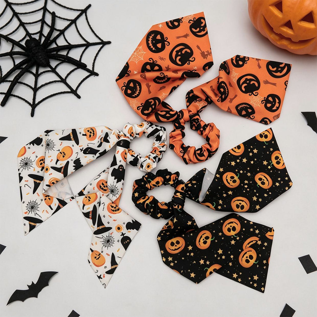 White Halloween Hair Ties 3 Pack - Festive Pumpkin and Ghost Print Ribbon Scrunchies, Polyester Bow Hair Accessories for Costume Parties, Trick or Treat, and Spooky Event Styling