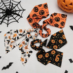 White Halloween Hair Ties 3 Pack - Festive Pumpkin and Ghost Print Ribbon Scrunchies, Polyester Bow Hair Accessories for Costume Parties, Trick or Treat, and Spooky Event Styling