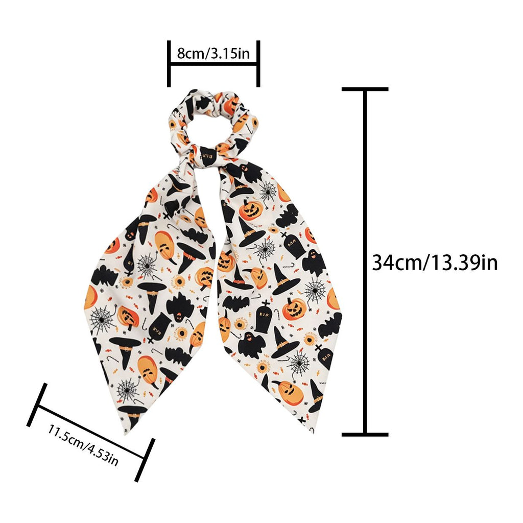White Halloween Hair Ties 3 Pack - Festive Pumpkin and Ghost Print Ribbon Scrunchies, Polyester Bow Hair Accessories for Costume Parties, Trick or Treat, and Spooky Event Styling