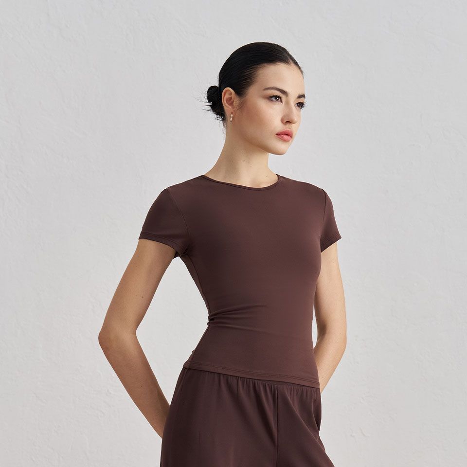 Women’s Slim Fit Yoga T Shirt (S)-Brown Short Sleeve Crew Neck Activewear Top - Stretch Workout Shirt for Yoga Pilates Gym and Everyday Casual Wear