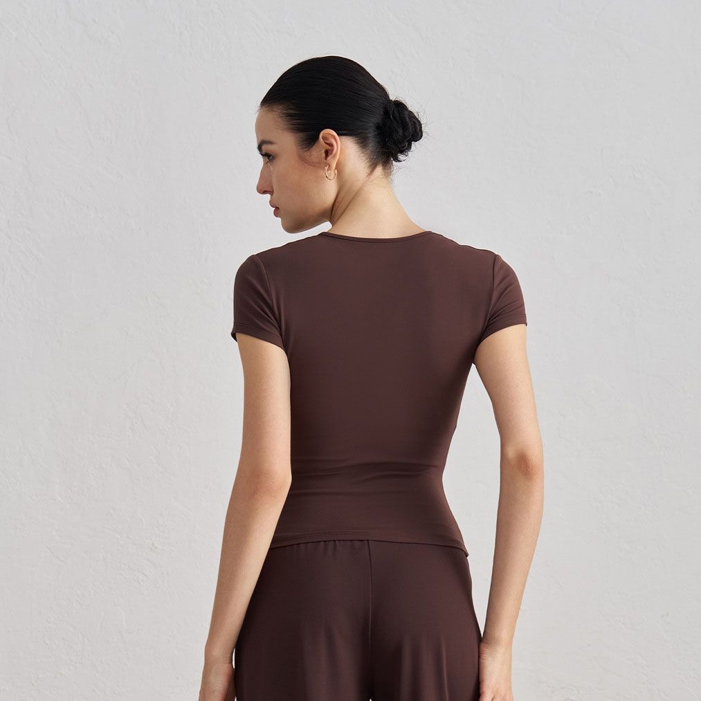 Women’s Slim Fit Yoga T Shirt (S)-Brown Short Sleeve Crew Neck Activewear Top - Stretch Workout Shirt for Yoga Pilates Gym and Everyday Casual Wear