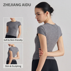 Women’s Slim Fit Yoga T Shirt (L)-Brown Short Sleeve Crew Neck Activewear Top - Stretch Workout Shirt for Yoga Pilates Gym and Everyday Casual Wear