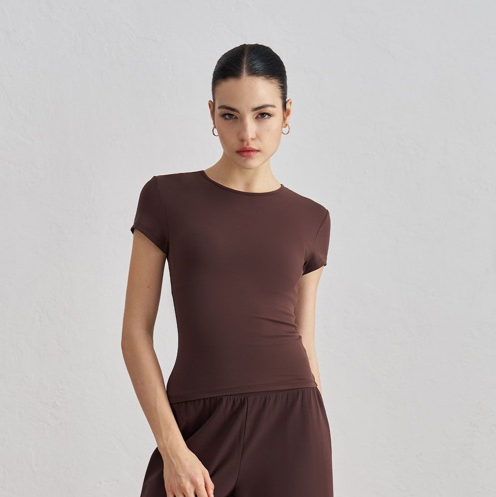 Women’s Slim Fit Yoga T Shirt (XL)-Brown Short Sleeve Crew Neck Activewear Top - Stretch Workout Shirt for Yoga Pilates Gym and Everyday Casual Wear Main image
