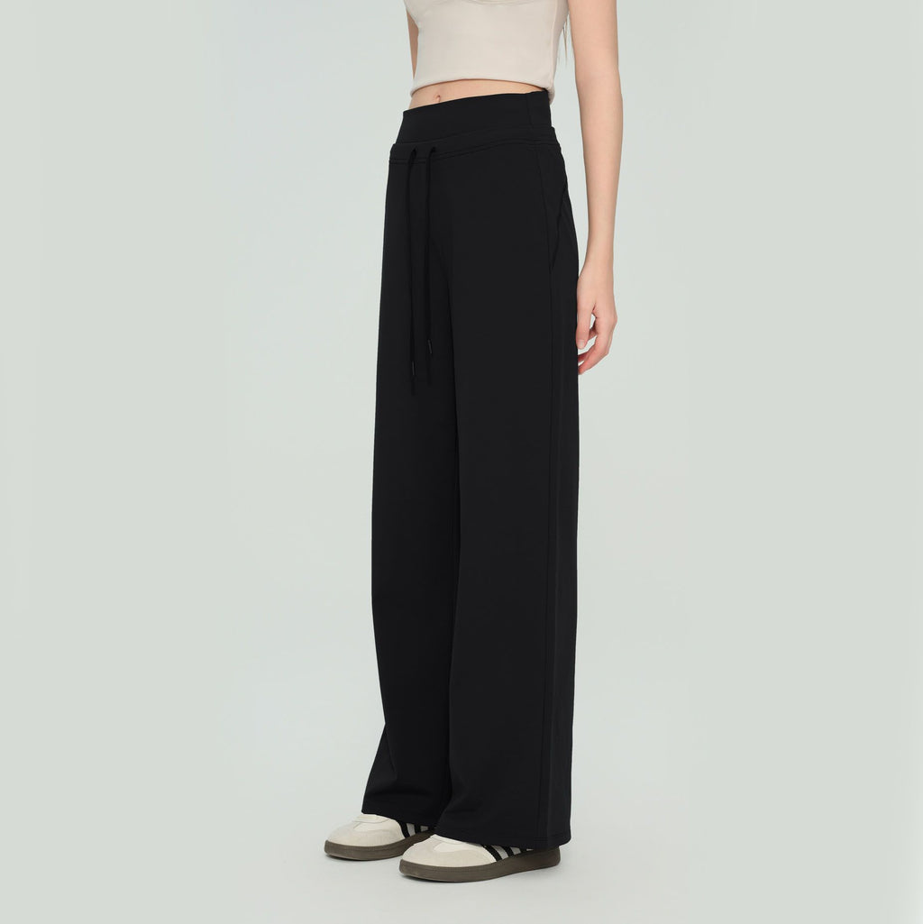 Size L Black Women’s High Waisted Straight Leg Lounge Pants - Drawstring Casual Trousers - Stretch Activewear Pants for Yoga Pilates Travel and Everyday Wear
