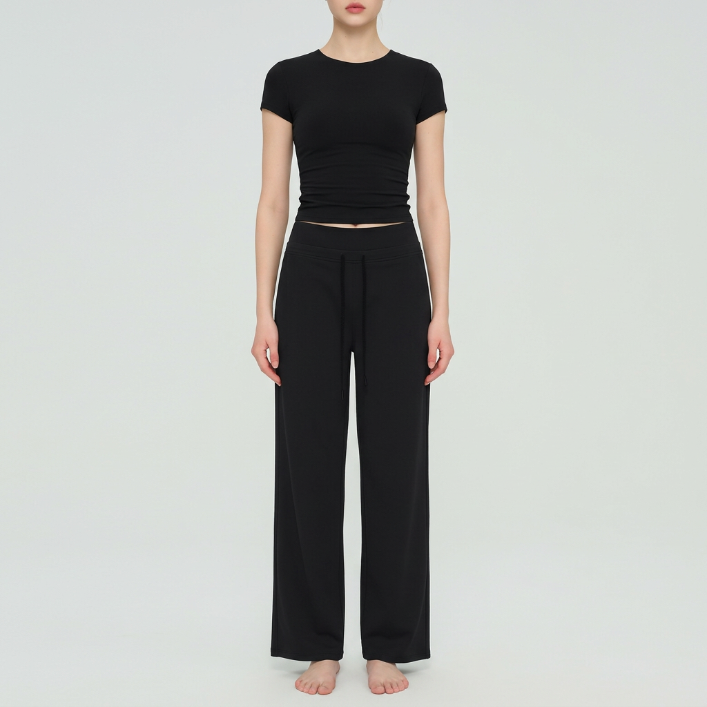 Size M Women’s Two Piece Lounge Set - Short Sleeve Crop Top and High Waisted Wide Leg Pants - Casual Matching Outfit for Home Wear Travel Yoga Pilates and Everyday Style Main image