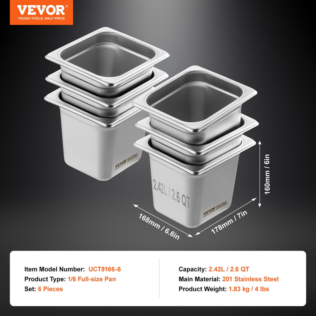 6 Pack Hotel Pans, 1/6 Size Anti-Jam Steam Pan, 0.8mm Thick Stainless Steel Restaurant Steam Table Pan, 6-Inch Deep Commercial Table Pan, Catering Storage Food Pan, for Industrial & Scientific