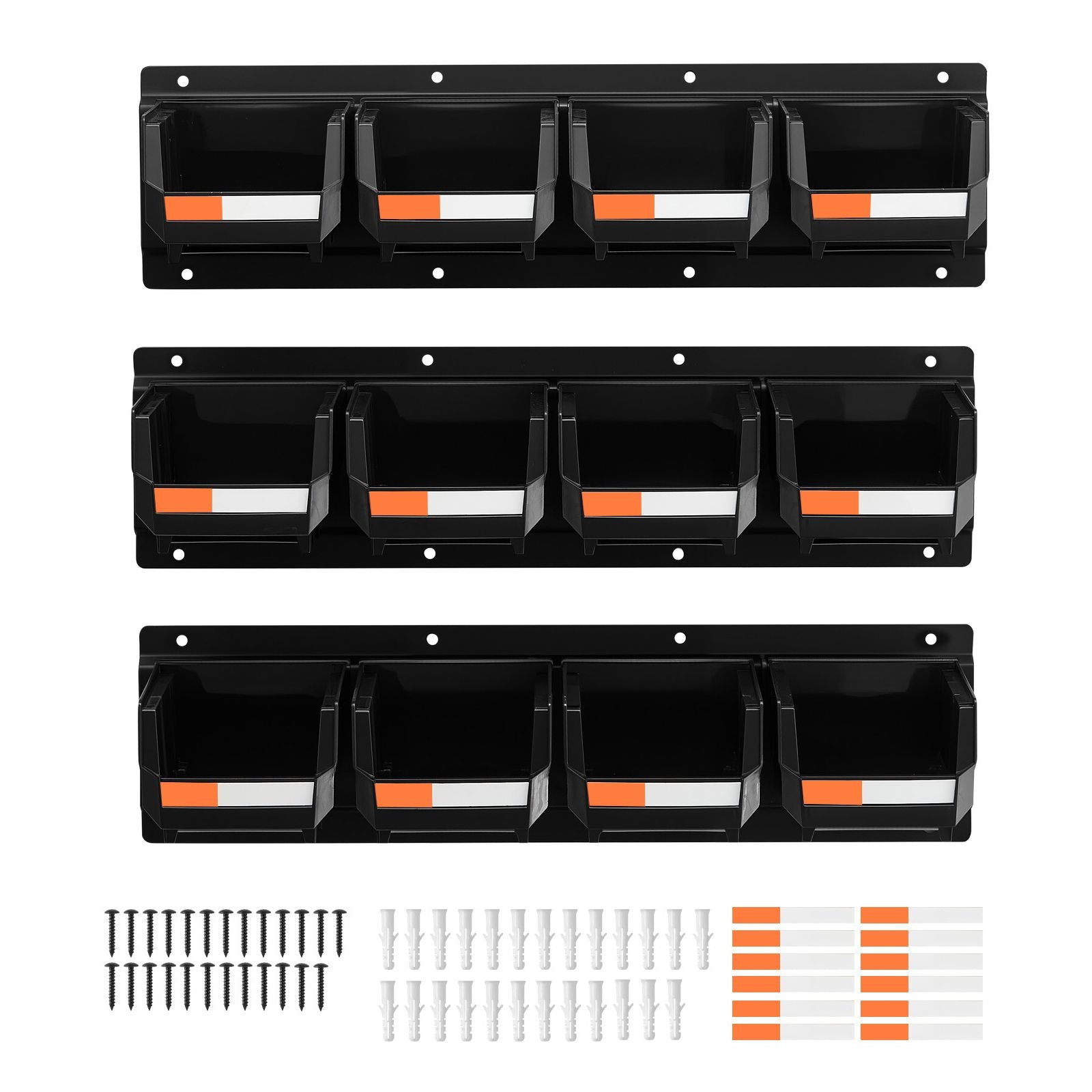 Wall Mounted Storage Bins, 12 Plastic Bins & 3 Metal Rails, Plastic Hanging Stackable Storage Bin for Screws, Nuts, Bolts, Nails, Hardware Tool Organizer for Workshop, Craft Room, Garage, Black Main image