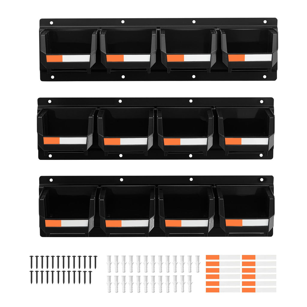 Wall Mounted Storage Bins, 12 Plastic Bins & 3 Metal Rails, Plastic Hanging Stackable Storage Bin for Screws, Nuts, Bolts, Nails, Hardware Tool Organizer for Workshop, Craft Room, Garage, Black