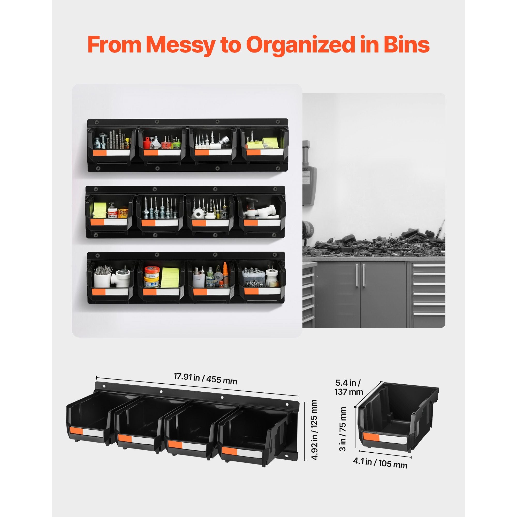 Wall Mounted Storage Bins, 12 Plastic Bins & 3 Metal Rails, Plastic Hanging Stackable Storage Bin for Screws, Nuts, Bolts, Nails, Hardware Tool Organizer for Workshop, Craft Room, Garage, Black