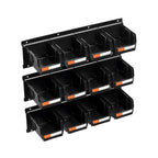 Wall Mounted Storage Bins, 12 Plastic Bins & 3 Metal Rails, Plastic Hanging Stackable Storage Bin for Screws, Nuts, Bolts, Nails, Hardware Tool Organizer for Workshop, Craft Room, Garage, Black