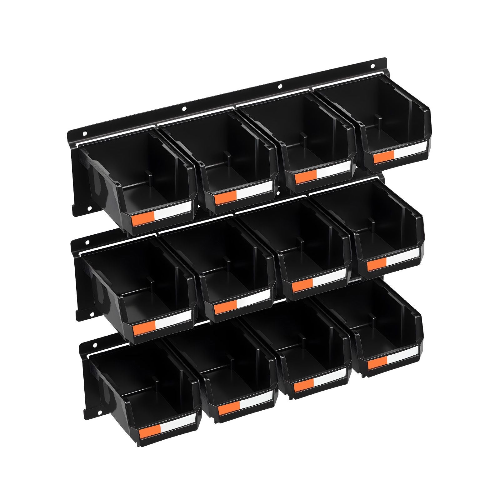 Wall Mounted Storage Bins, 12 Plastic Bins & 3 Metal Rails, Plastic Hanging Stackable Storage Bin for Screws, Nuts, Bolts, Nails, Hardware Tool Organizer for Workshop, Craft Room, Garage, Black
