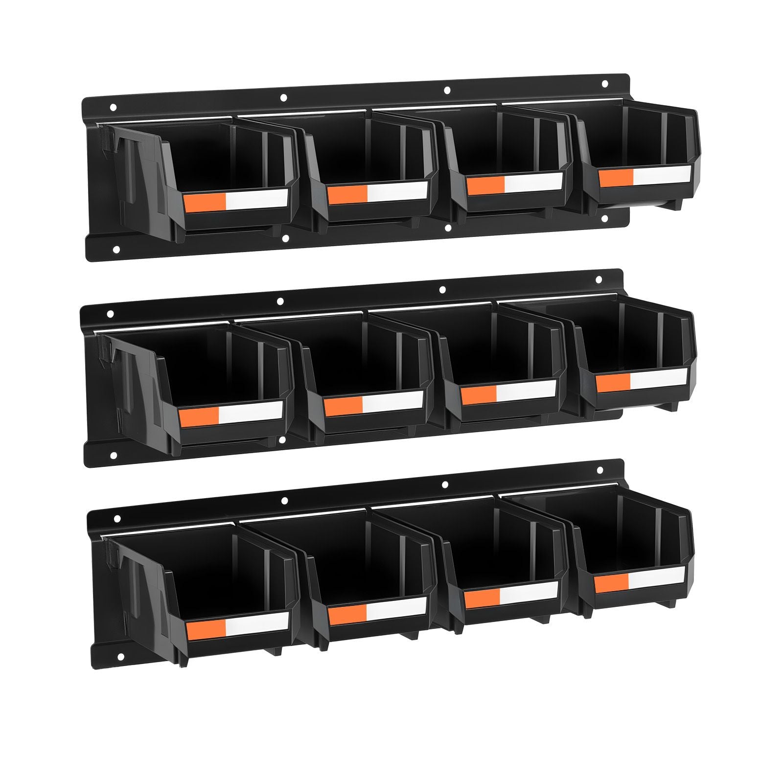 Wall Mounted Storage Bins, 12 Plastic Bins & 3 Metal Rails, Plastic Hanging Stackable Storage Bin for Screws, Nuts, Bolts, Nails, Hardware Tool Organizer for Workshop, Craft Room, Garage, Black