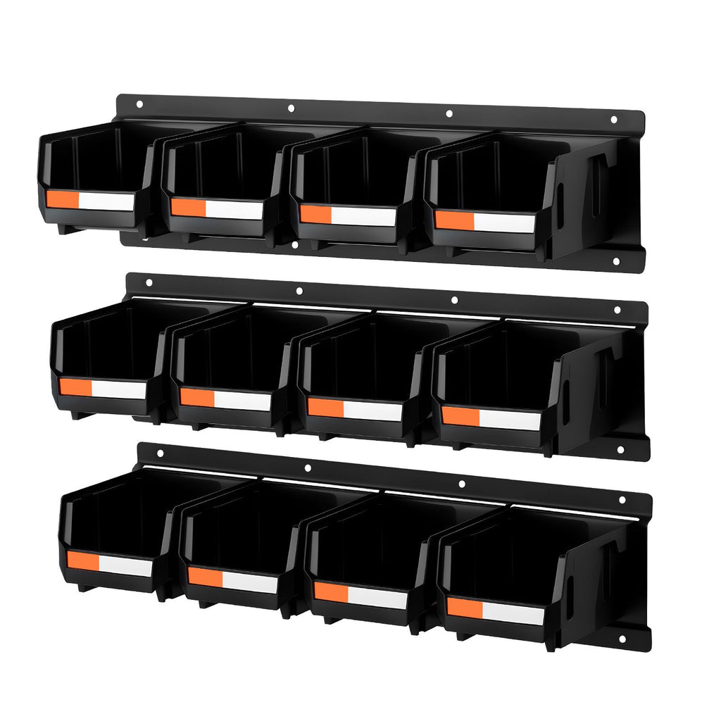 Wall Mounted Storage Bins, 12 Plastic Bins & 3 Metal Rails, Plastic Hanging Stackable Storage Bin for Screws, Nuts, Bolts, Nails, Hardware Tool Organizer for Workshop, Craft Room, Garage, Black