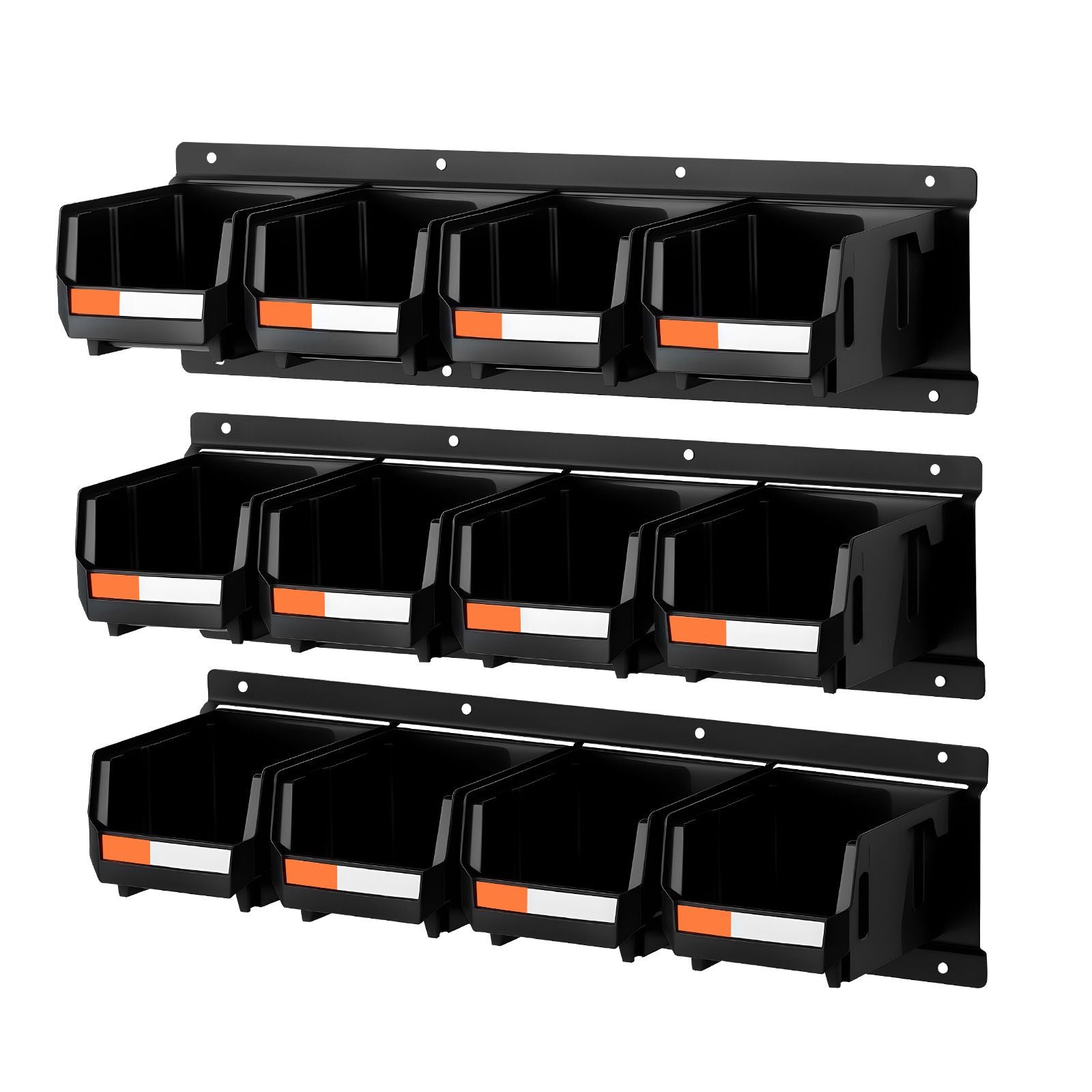 Wall Mounted Storage Bins, 12 Plastic Bins & 3 Metal Rails, Plastic Hanging Stackable Storage Bin for Screws, Nuts, Bolts, Nails, Hardware Tool Organizer for Workshop, Craft Room, Garage, Black