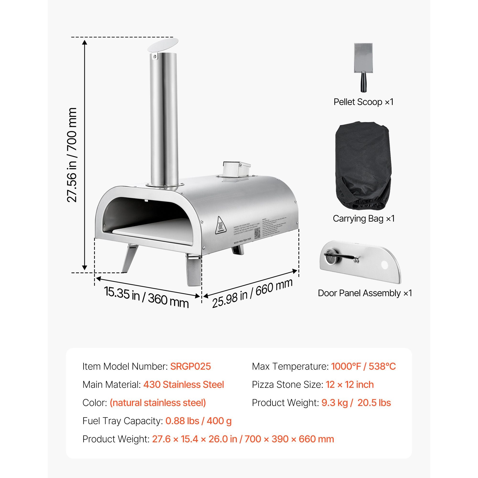 Pizza Oven Outdoor, 12" Pellet Pizza Oven, Portable Pizza-Stove with Built-in Thermometer, Wood Fired Stainless Steel Pizza-Maker, for Backyard, Camping, Pizza-Stone, Shovel, Carry Bag, Silver